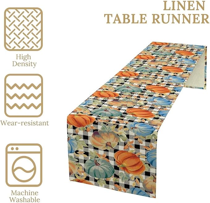 Fall Pumpkin Table Runner Black White Plaid Maple Leaves Watercolor Illustration Rustic Thanksgiving Home Decor for Farmhouse Indoor Outdoor Party Holiday Dining Kitchen Restaurant Cafe W13xL72in