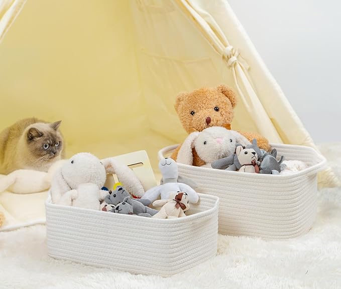 CubesLand Woven Cotton Rope Basket for Laundry, Book, Nursery, Clothes, Shoes, Toys Organizing and Bedroom Home&Living Room Decor, with Durable Handle, Rectangular 14x10x7.08IN White