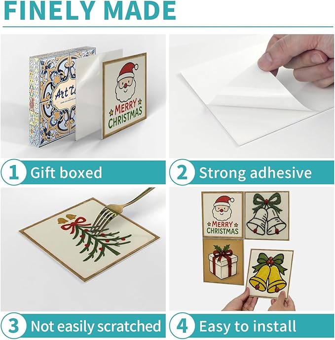 Holiday Decor Christmas Backsplash Stickers, Peel and Stick 12 Tiles, Removable Waterproof for Kitchen Wall, Festive Decoration