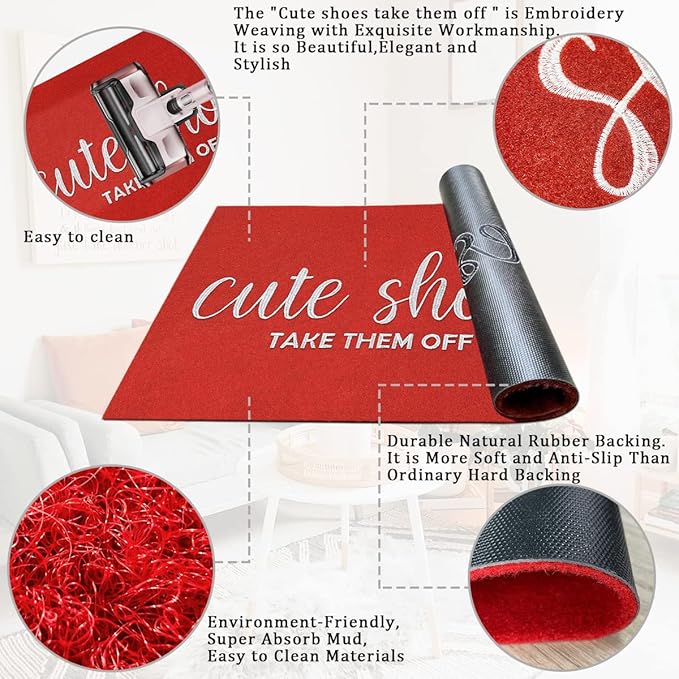 AOAOPQ Take Shoes Off Front Door Mat Indoor Outdoor Entrance Weather Doormat, Sturdy Natural Back Rubber Mats Easy Clean Patio Porch Entryway Red Mat