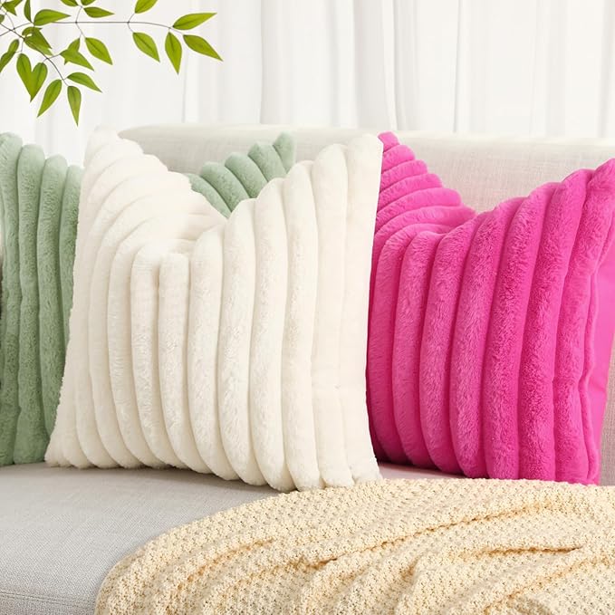 decorUhome Faux Fur Christmas Throw Pillow Covers 24x24 Set of 2, Decorative Soft Plush Striped Neutral Couch Euro Pillow Covers with Velvet Back for Sofa, Bed, Living Room Home Decor, Sage Green