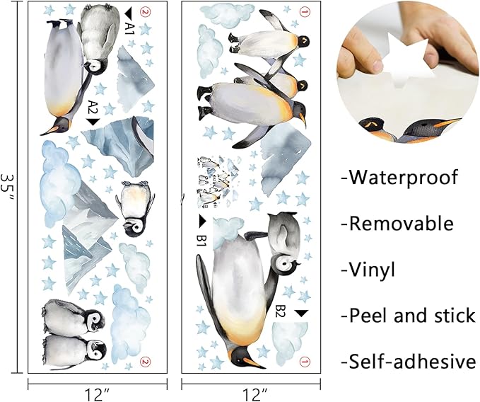 Mfault Winter Penguin Wall Decals Stickers, Snow Mountain Cloud Stars Snowflake Decorations Bedroom Art, Christmas Seasonal Home Living Room Kitchen Decor
