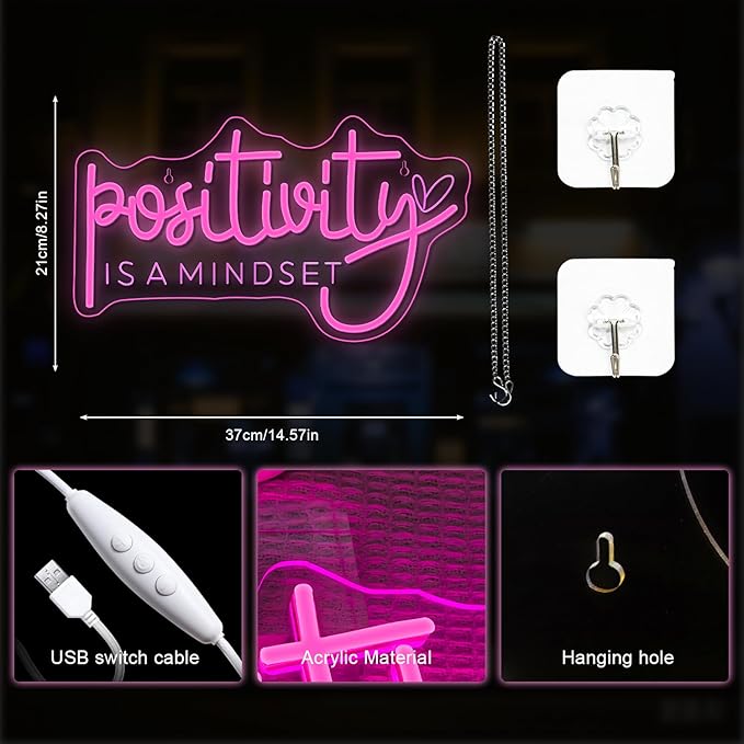 Lucunstar Pink Neon Sign Positivity is a mindset Dimmable LED Inspirational Light Up Signs for Wall Decor USB Powered Neon Light for Home Room Office Gym School Classroom Pink Decor