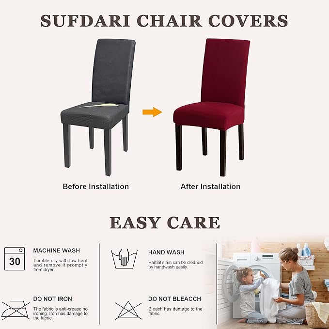 Sufdari Dining Chair Covers,Kitchen Chair Cover,Parsons Chair Slipcover,Spandex Chair Protectors for Dining Room Stretch Chairs Cover Set of 4 -Burgundy