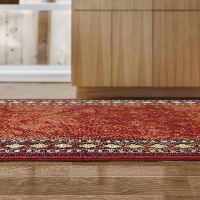 Antep Rugs Alfombras Modern Bordered 2x7 Non-Skid (Non-Slip) Low Profile Pile Rubber Backing Indoor Area Runner Rugs (Maroon Beige, 2' x 7')