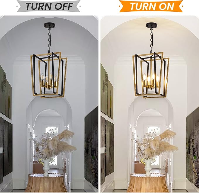 WJShome 4-Light Black and Gold Chandelier,Farmhouse Hanging Lantern Pendant Light,Industrial Ceiling Foyer Lighting Fixtures, Adjustable Height Modern Chandelier,for Kitchen Island,Hallway,Entryway