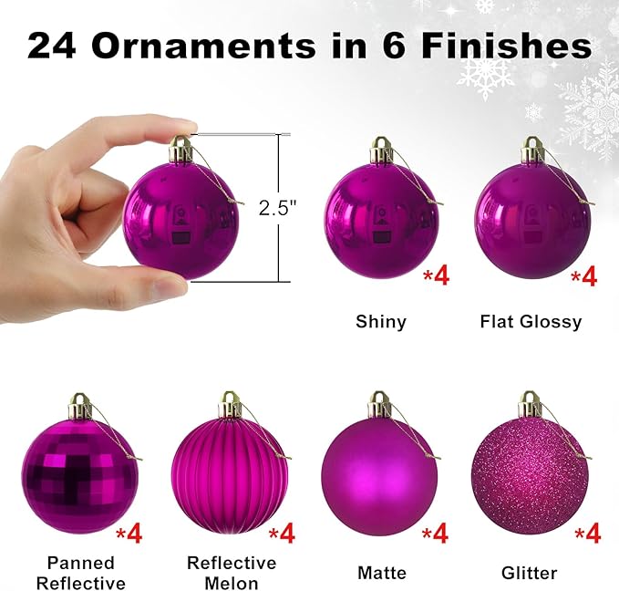 Fuchsia 2.5" Christmas Balls Christmas Tree Decoration Ornaments Shatterproof Hanging Balls for Birthday Halloween Holiday Wedding Decorations Set of 24pcs