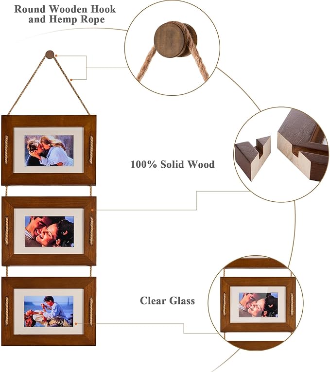 DLQuarts 5x7 Hanging Picture Frames Collage Wall Decor, 3 Opening 5x7 Matted to 3.5x5 Photo Rustic Wood Frame, Dark Walnut, 2 Pack