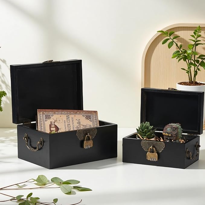 2PCS Wooden Decorative Storage Box with Lids Handmade Memory Box for keepsakes Metal Handle Treasure Chest Vintage Wood Baskets with Code Lock Jewelry Box Desk Organizer Container, Black