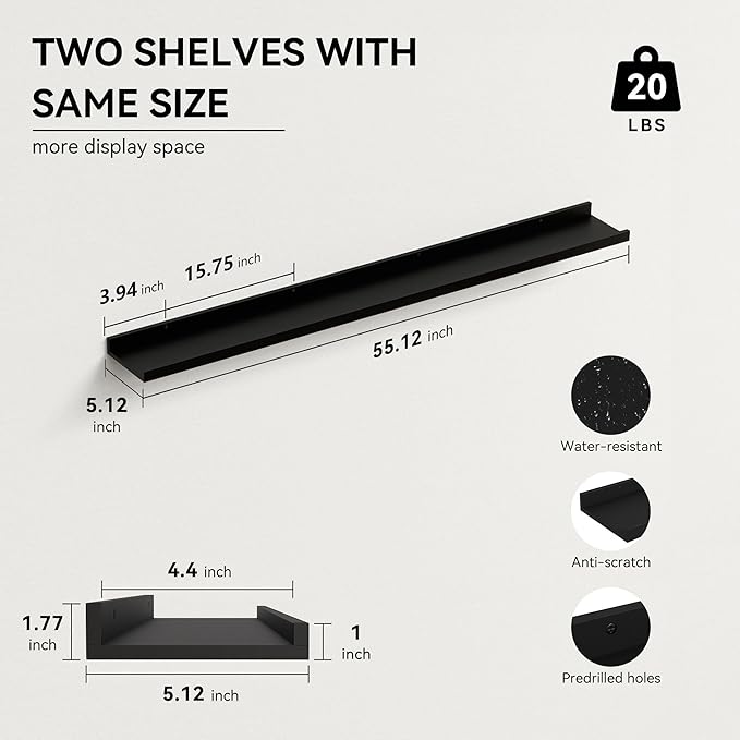 55.1 Inches Long Floating Shelves, 2 Set Modern Wall Shelf for Bedroom, Nursery Book Shelf with Lip, Picture Ledge Shelf for Wall Decor Living Room Bathroom Kitchen - Black