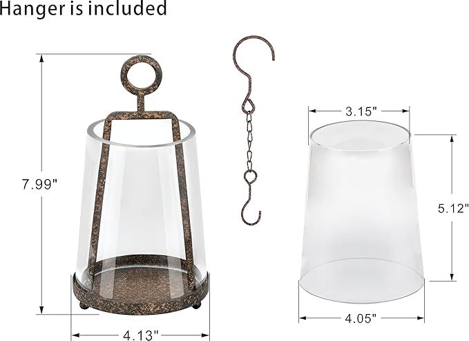 4" Wide Modern Farmhouse Metal Hurricane Candle Holder with Handmade Sturdy Glass Sleeve in Rustic Brown for 2" Pillar Candle & Plants, Glass Hurricane Lantern, Industrial, Minimalistic
