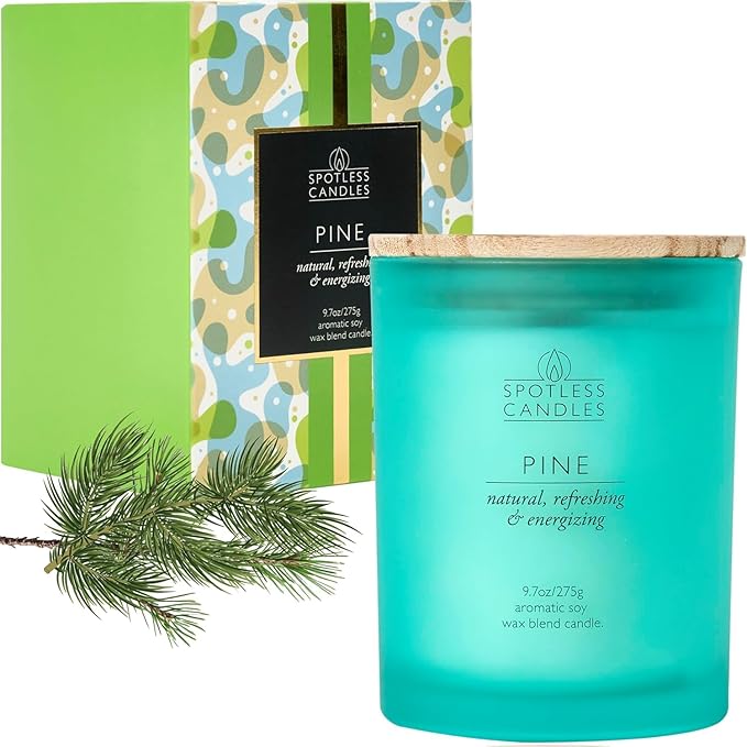 Pine Candle - 9.7 oz /275g 45-55 Hours Burn Time in Green Frosted Glass Jar with Wooden Lid and Wooden Crackling Wick in Luxurious Gift Box - Natural, Refreshing and Energising