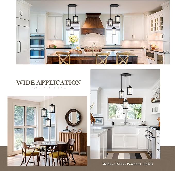 3-Light Pendant Lighting, Black Dining Room Chandelier Light Fixture Over Table with Clear Glass, Modern Cluster Hanging Lights for Kitchen Island Sink, OS-3014-3BK