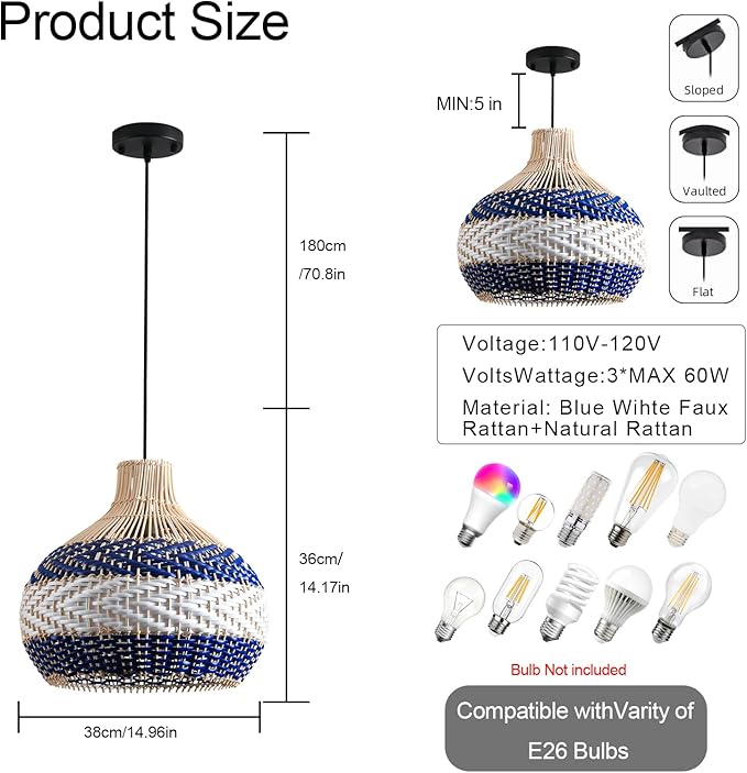 3-Light Rattan Pendant Light 15" Hand-Woven Blue White Wicker Basket Chandelier1-Pack Boho Faux Rattan Hanging Light,for Living Room Bedroom Kitchen Hallway Dining Farmhouse