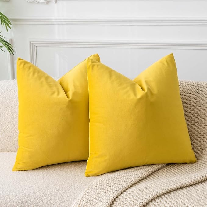 JUSPURBET Couch Pillow Covers Set of 2 Decorative Velvet Throw Pillow Covers Cases for Living Room Bedroom Home Decor Soft Cushion Covers Cases with Hidden Zipper for Sofa Bed,Yellow,14x14 inch