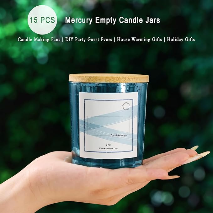 LAMORGIFT 15 Pack Glass Candle Jars with Lids (8oz, Lake Blue) - Candle Making Jars Containers for Making Candles - Mercury Glass Candle Jars include 20 Pcs Labels