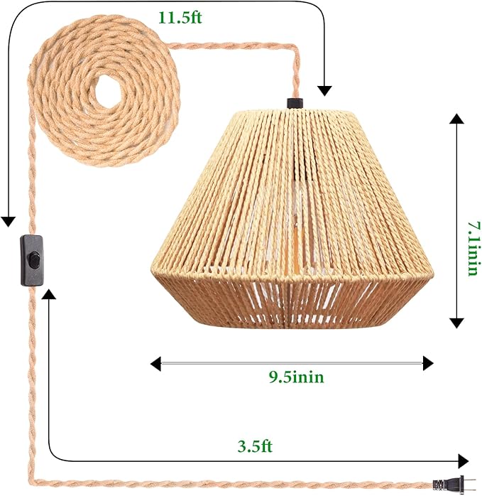 Plug in Pendant Light Rattan Hanging Lamp, Rattan Pendant Light with on/Off Switch,Rattan Woven LampShade Hanging Lamp Plug in for Living Room,Bedroom,Farmhouse