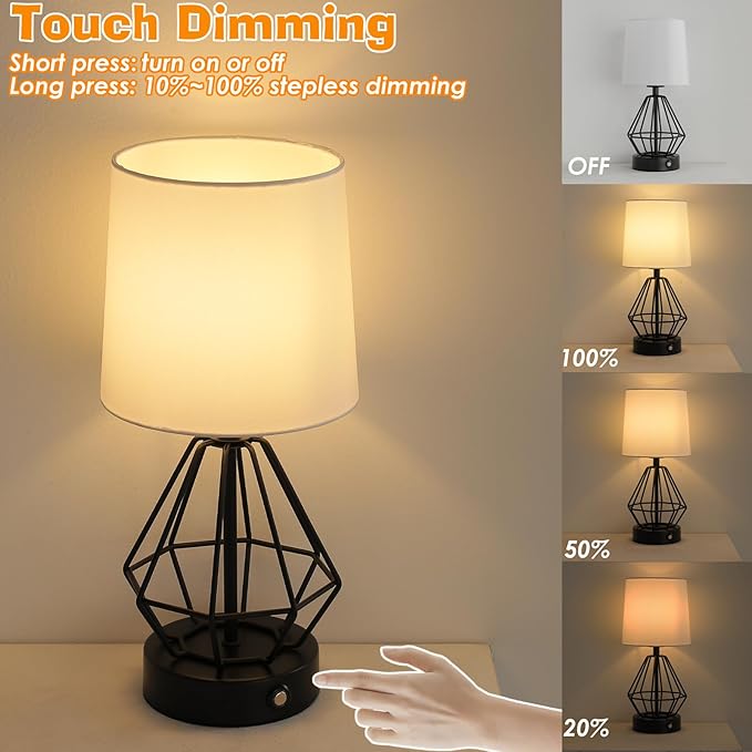 Black Cordless Lamp Set of 2,Touch Stepless Dimming,8000mAh Rechargeable Battery Table Lamp,Black Cage Frame Wireless Lamp,White Lampshade,14.7inches Tall