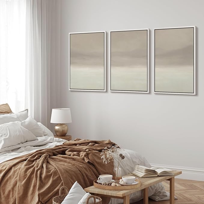MUDECOR Framed Wall Art Print Set Misty Horizon Minimalist Foggy Mountain Landscape in Soft Neutral Tones Illustrations Realism Decorative for Living Room, Bedroom, Office - 16"x24"x3 White