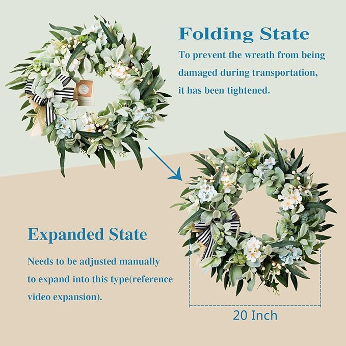 Lambs Ear Wreaths for Front Door Year Round, 20 Inch Green Artificial Wreath for Spring Summer Farmhouse Porch Indoor Outdoor Decor