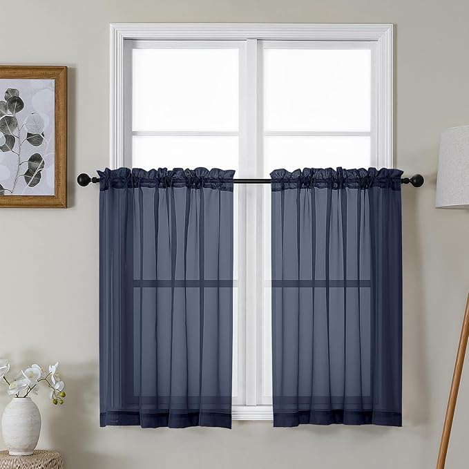 Gwine Navy Blue Sheer Kitchen Curtains 36 Inch Length, Light Filtering Voile Soft Airy Small Cafe Curtains, Short Window Curtain for Bathroom Basement, 42x36 inch, 2PCS