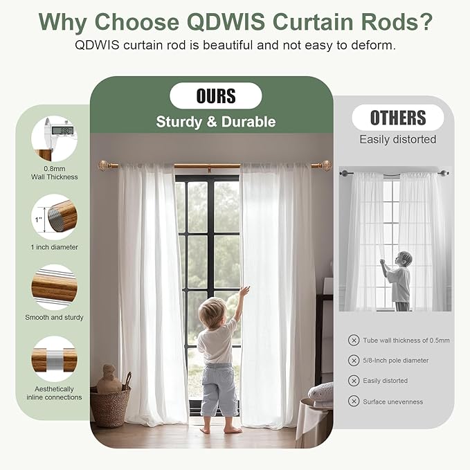 Gold Curtain Rods for Windows 48 to 84 Inch,1'' Diameter Drapery Rods with Imitation Wood Grain Leaf Pattern Finials,Boho Adjustable Heavy Duty Curtain Rods Set,36-88'',Antique-Gold Wood