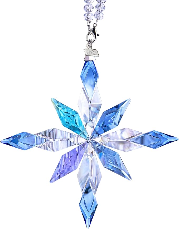 2025 Crystal Snowflake Ornaments Glass Christmas Star for Tree Window Hanging with Bead Chains and Ribbons
