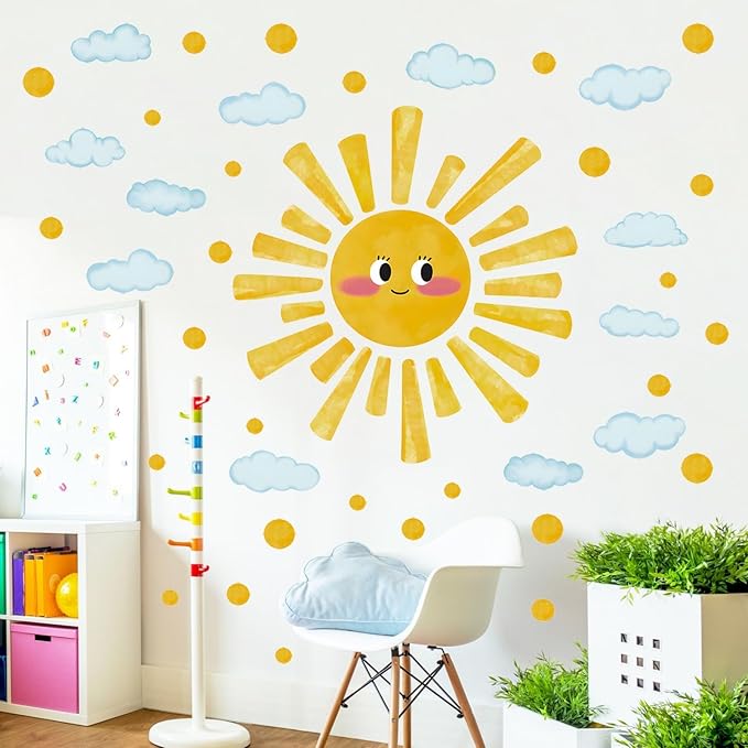 Large Sun Wall Decals Watercolor Cloudy Wall Stickers for Kids Room, Smile Sun Polka Dots Clouds Wall Decor Stickers Peel and Stick Art Murals Decorations for Nursery Classroom Bedroom