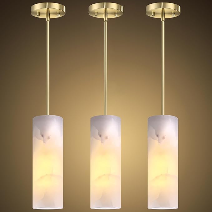 Natural Alabaster Cylinder Marble Hanging Kitchen Island Modern Industrial Farmhouse Pendant Ceiling Light Fixture,3 Pack Gold Finish Over Sink Restaurant bar Corridor