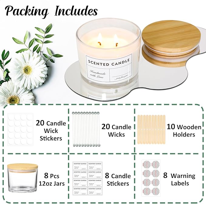 12oz Candle Jars for Making Candles, 8 Pack Large Clear Glass Empty Candle Jars with Bamboo Lids and Wick Kit, Multiple Wicks Wide Mouth Candle Container Bulk, Ideal for Candle Business