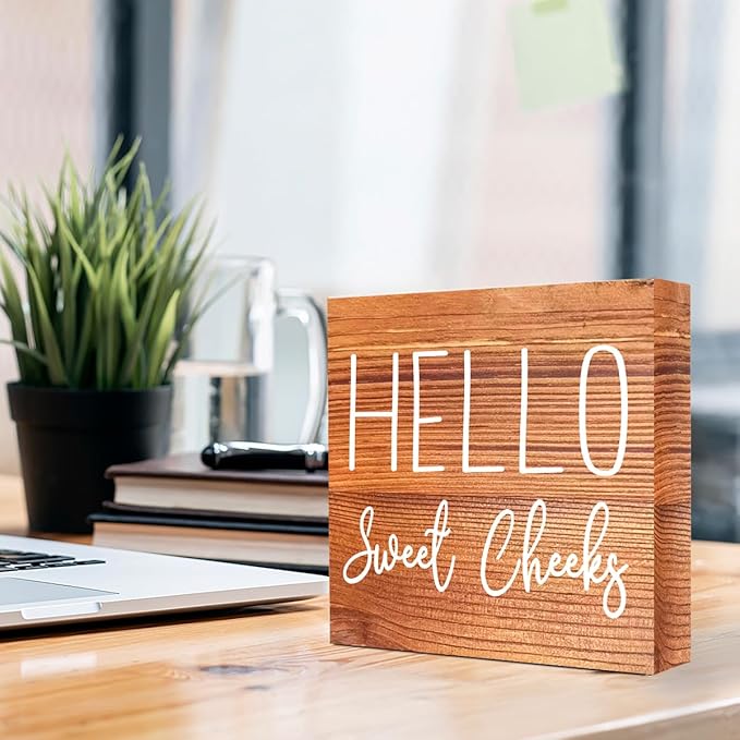 LVQHI Cute Bathroom Shelf Decor, Hello Sweet Cheeks Sign Wooden Box for Shelves Toilet Restroom Tabletop Decoration, Funny Brown Wood Bathroom Sign Decor, 5'' L x 5" H ﻿