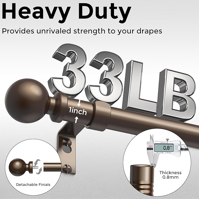 Bronze Curtain Rod, 1 Inch Adjustable Heavy Duty Curtain Rods for Windows 30 to 56 Inch, Decorative Modern Window Treatment Rods, Telescopic Splicing Metal Drapery Pole, Easy Installation