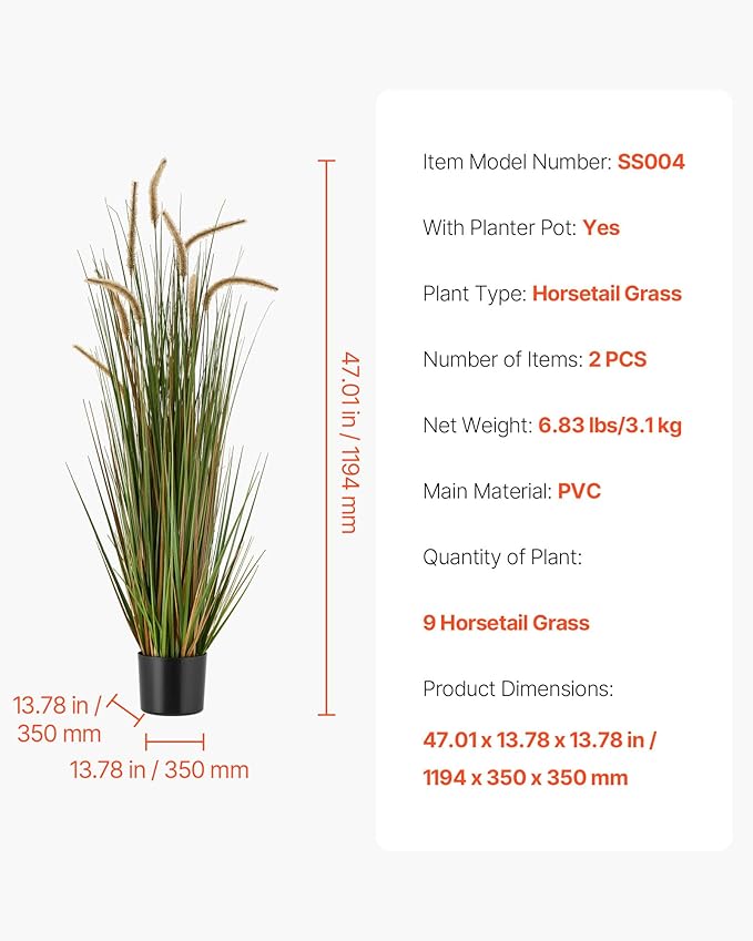 VEVOR Artificial Grass Plant, 2 Pack 47 inch Horsetail Reed Grass in Pot, Premium PVC Faux Fake Greenery Shrubs Plant for Indoor Outdoor House Home Garden Office Room Décor, Housewarming, Green