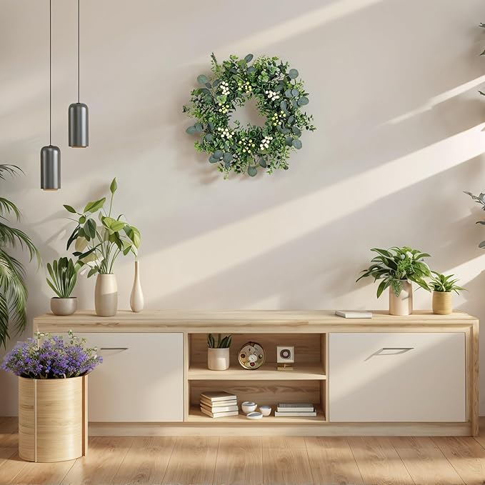 26 inch Eucalyptus Wreath Spring Summer Wreaths for Front Door, Artificial Large All Seasons Wreaths with for Farmhouse Porch Wall Living Room Home Wedding Decor