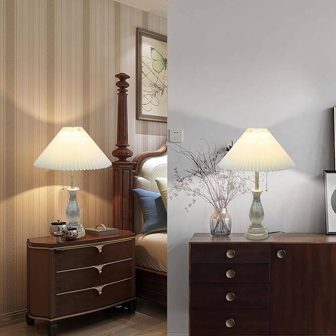 Farmhouse Table Lamp with Pull Chain Switch Control 3-Way Dimmable Table Lamp, Modern Nightstand Lamp Bedside Desk Lamp with Fabric Shade for Living Room Bedroom Hotel (Pack 1-Folding lampshade)