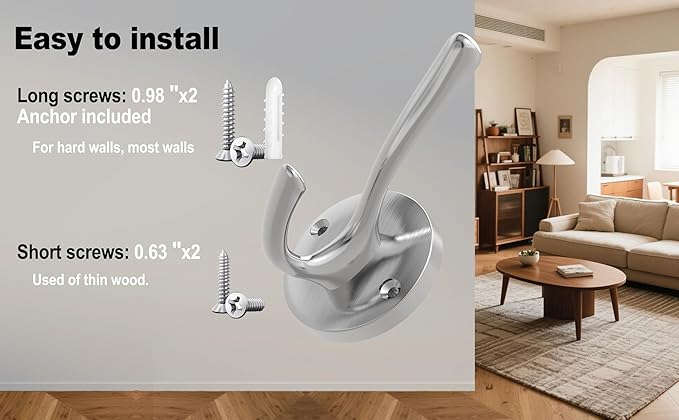 Brushed Nickel Wall Hooks Towel Hooks, 2 Pack Coat Robe Hook Heavy Duty Bathroom Double Hook Wall Mounted, Hand Towel Hooks for Closet Entryway Cubicle Kitchen