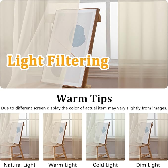 Gwine Extra Long Cream Sheer Curtains 120 Inches Long 2 Panels Set, Voile Light Filtering Window Drapes for Patio Door/Birthday Party/Hallway Window Guest Room, Each 42Wx120L in, 10FT, Cream