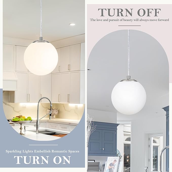 KoKo&Yukina 6 Inch Globe Pendant Light Nickel Globe Pendant Lights Kitchen Island Mid Century Light Fixture with Milky White Glass Shade for Dining Room (2 Pack)