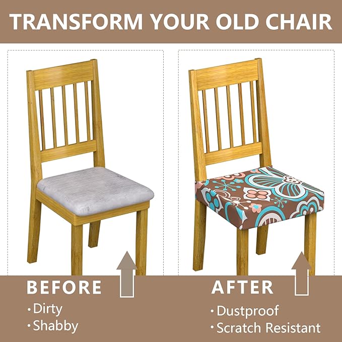 Stretch Dining Chair Seat Covers Set of 6,Dining Chair Slipcovers, Floral Printed Chair Covers,Soft Fabric Washable Upholstered Chair Seat Protector, No Rear Covers for Home Kitchen Dining Room