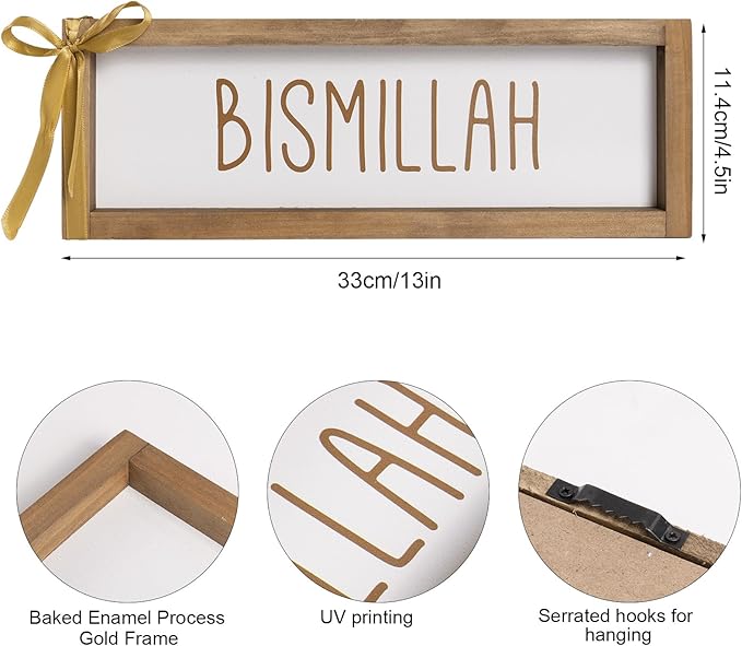 Bismillah Sign, Wooden Ramadan Eid Mubarak Table Top Decor, Islamic Decorative Signage Wood Plaque Indoor Table Centerpieces Wall Shelf Desk Mantel Rustic Decorations for Home, Muslim Gift