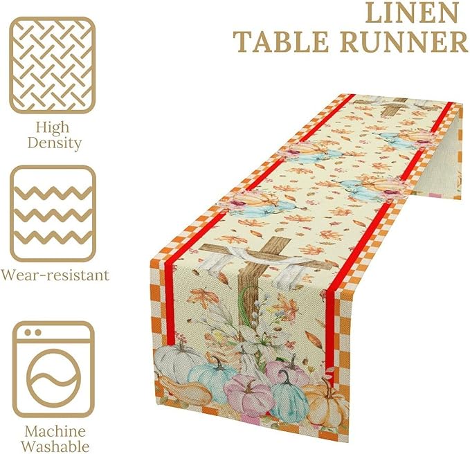 Watercolor Pumpkin Table Runner Fall Flowers Falling Leaves Cross Harvest Season Thanksgiving Rustic Home Decor for Farmhouse Indoor Outdoor Party Holiday Dining Kitchen Restaurant Cafe W13xL72in