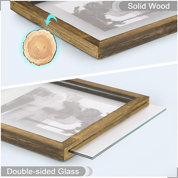 DLQuarts 11x14 Floating Photo Picture Frame, Floating Display for Photos 8x10, 7x9, 5x7, 8.5x11 Certificate, or Full Display for 11x14 Photos, Solid Wood, Double Glass, 2 Pack, Carbonized Brown