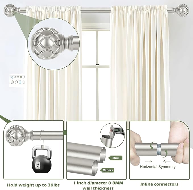 Silver Curtain Rods for Windows:Farmhouse Boho Decorative Curtain Rod for Bedroom Living Room,Heavy Duty Adjustable Rustic Drapery Pole Set with Vintage Coastal Finials,Antique Silver 36-88"