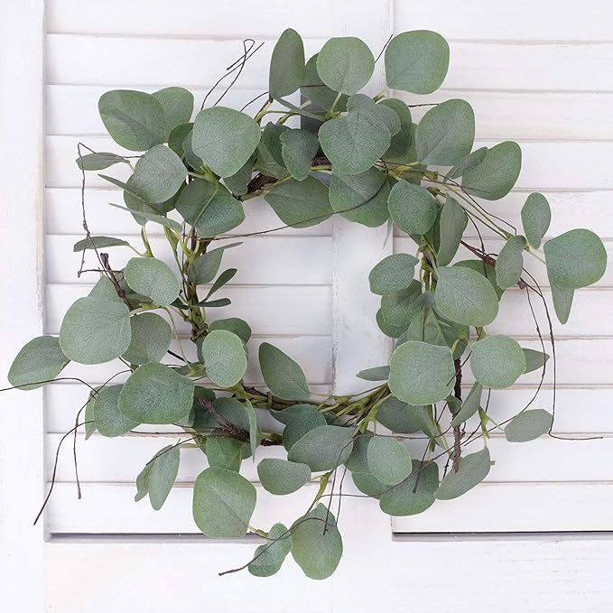 idyllic Eucalyptus Leaves Wreath Metal Polyester Fabric Paper Round Green Wreath 14 Inches for The Front Door Décor, 2 Packs