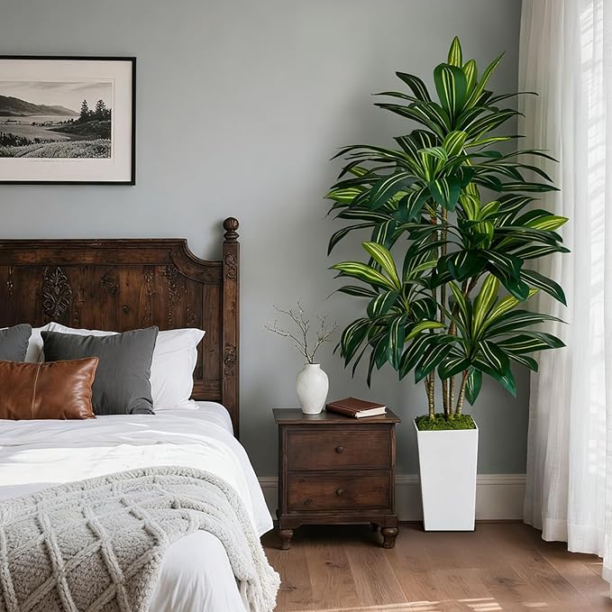 Artificial Dracaena Plant 6FT - Fake Tree with Tall Planter and Fairy Lights, Artificial Trees Faux Yucca Plants Indoor, Fake Plants for Home Office Living Room Decor Christmas