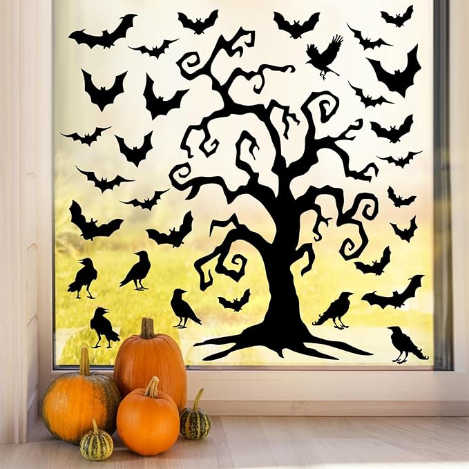 Giant Halloween Window Decals Bats Stickers Halloween Tree Window Stickers Halloweens Wall Decor Decals Peel and Stick Black Crow Branch Vinyl Sticker for Haunted House Party Supplies Windows Decor