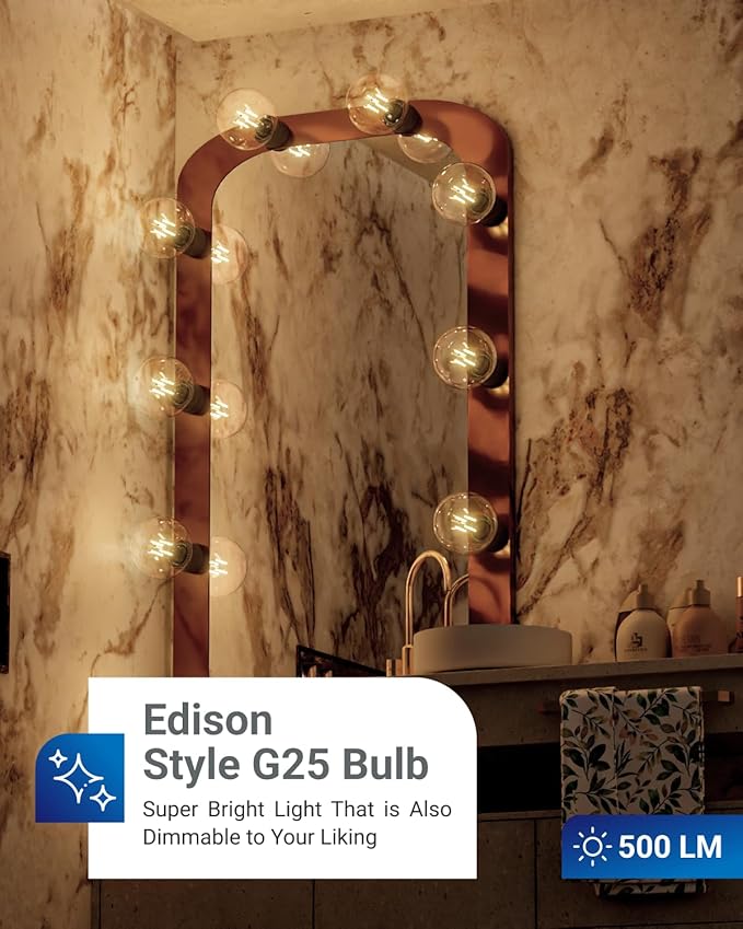 Sunco 10 Pack G25 LED Light Bulbs, Filament Edison Globe, Vanity Lighting Bulb for Bathroom Bedroom, 500 LM, 5W (60W Equivalent), 3000K Warm White, Dimmable, E26 Base, Clear UL
