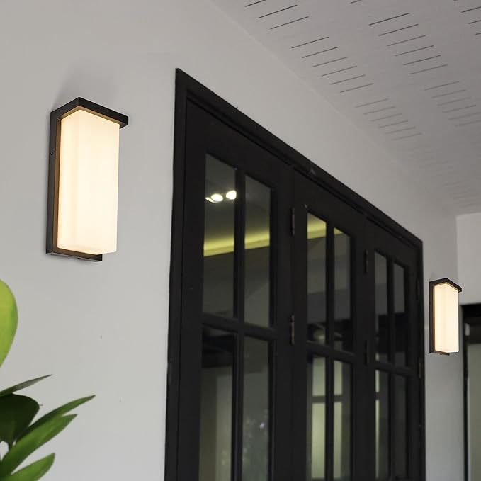 Maxxima 14" LED Porch Lantern Outdoor Wall Light, Black with Frosted Lens, 2500 Lumens, 5 CCT 2700K/3000K/3500K/4000K/5000K, Modern Exterior Patio Sconce Lantern