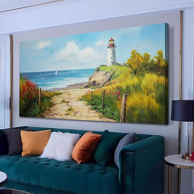 Acocifi Blue Coastal Wall Art Lighthouse Picture Nature Fall Landscape Ocean Beach Seascape Canvas Painting, Textured Artwork Large Framed for Living Room Bedroom Bathroom Office Home Decor 58"x29"