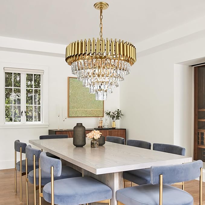 11-Light Modern Round Crystal Chandelier Lights, 5 Tiers Luxury Pendant Ceiling Light, 23.6" Crystal Chandeliers Lighting for Dining Living Room Kitchen Island Bedroom Foyer Hallway (Gold)